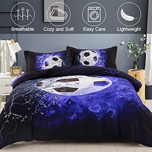 Wongs Bedding Soccer Duvet Cover Set Twin Sports Blue Flame 3D Printed Soccer Comforter Cover Set With 1 Pillowcase For Kids Boys Soft Microfiber Twin Size 68"X 86"(Not Comforter) #TOP2