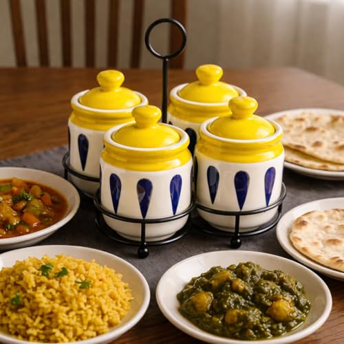 Image of Niyara Ceramic Pickle Jar Set with Metal Tray - Blue & White Pickle Containers with Lid for Kitchen, Dining Table, Spice Storage & Serving (Set of 4, 300 ml)