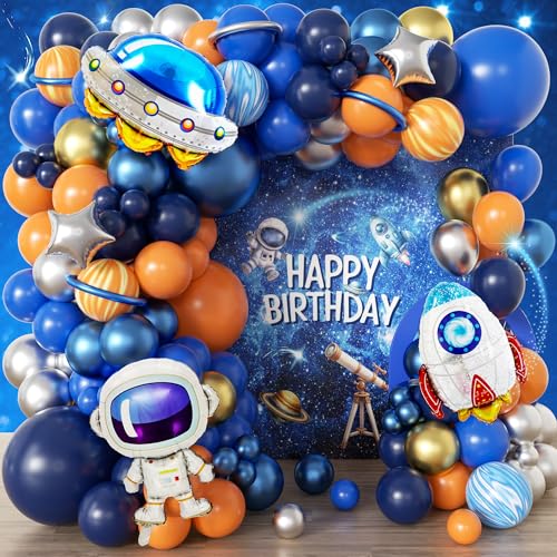 111pcs Outer Space Balloon Garland Arch Kit with DIY 3D Planet Modeling Balloons, 18/12/10/5 Inch Navy Blue Orange Agate Marble Latex, UFO Rocket Astronaut Foil for First Trip Around The Sun