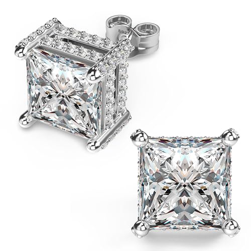 18K White Gold Plated Sterling Silver Pave Square Cubic Zirconia Stud Earrings 4 Prong Princess Cut CZ Simulated Diamond Stud Earrings for Men Women Hypoallergenic