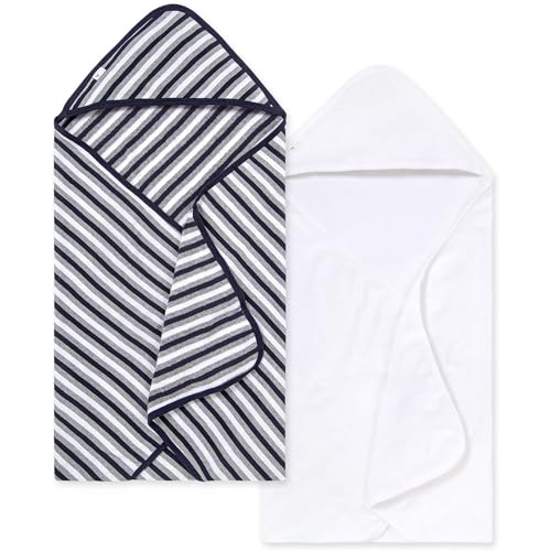 Image of Burts Bees Baby Infant Hooded Towels Blueberry Stripe Organic Cotton, Unisex Bath Essentials and Newborn Necessities, Soft Nursery Towel with Hood Set, 2-Pack Size 29 x 29 Inch