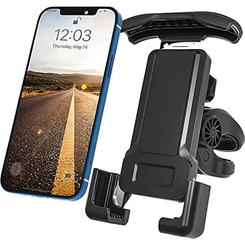 Asunby Bike Phone Holder Mount Motorcycle Handlebar Phone Mount Clamp, One Hand Operation ATV Scooter Phone Clip for iPhone 15 14 13 Pro Max 15 X/XS, Galaxy S10 and 4.7"- 6.8" Cellphone Black Cover