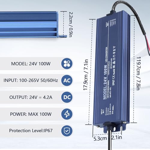 Image of Waterproof IP67 LED Driver 24V 100W Ultra Slim LED Power Supply 110V AC to 24V DC 4.2A 100 Watt Quiet Low Volt Converter LEDs Transformer Constant Voltage for LEDs Strip, Indoor & Outdoor