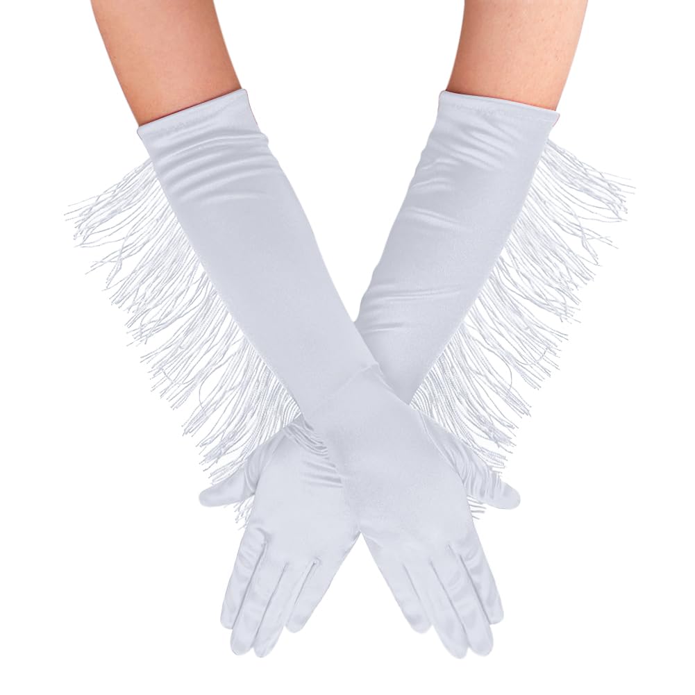 Women Ladies Long Satin Tassel Gloves Bridal Wedding Prom Fringe Elbow Length Gloves Opera Fancy Dress Hand Mittens Carnival Evening Party Costumes Handwear Gloves for Rave Halloween Dance Ascot