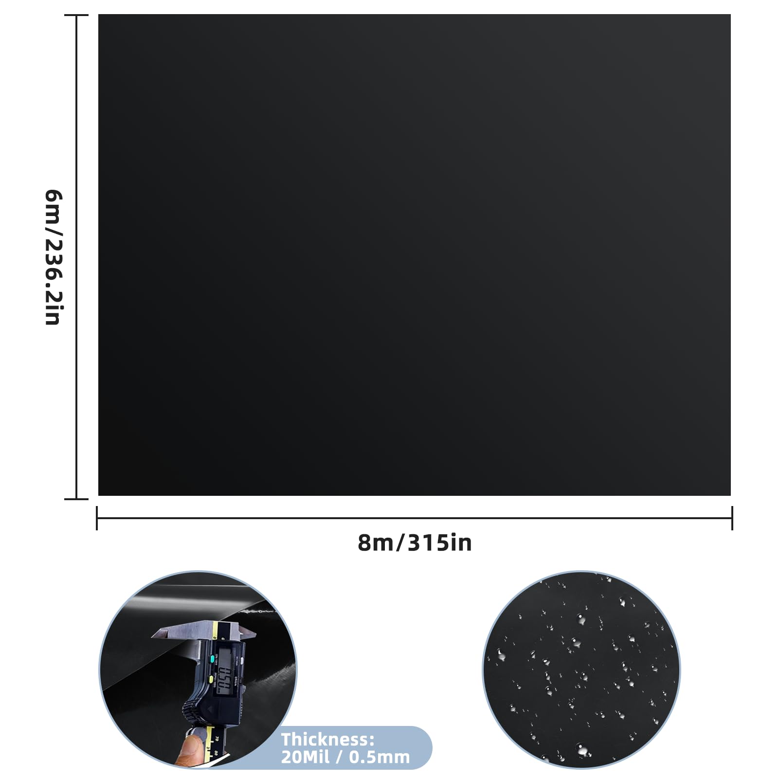 Premium PVC Teichfolie 6M X 8M, Schwarz HDPE Teichfolien Schwerlast, Dichtungsfolie Teichmembran Schwimmteich Folie Gartenteich Teichplane für Fischteiche, Brunnen, Wassergarten, Wasserfall