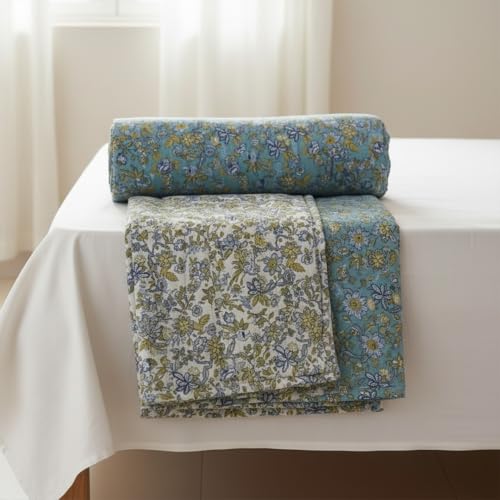 Image of HOMEMONDE 100% Cotton Reversible Dohar Single Bed Size | 300 TC AC Blanket Comforter | Soft Lightweight Bed Blanket Quilt (54 X 84 Inch, Aqua Green & White, Pack Of 1)
