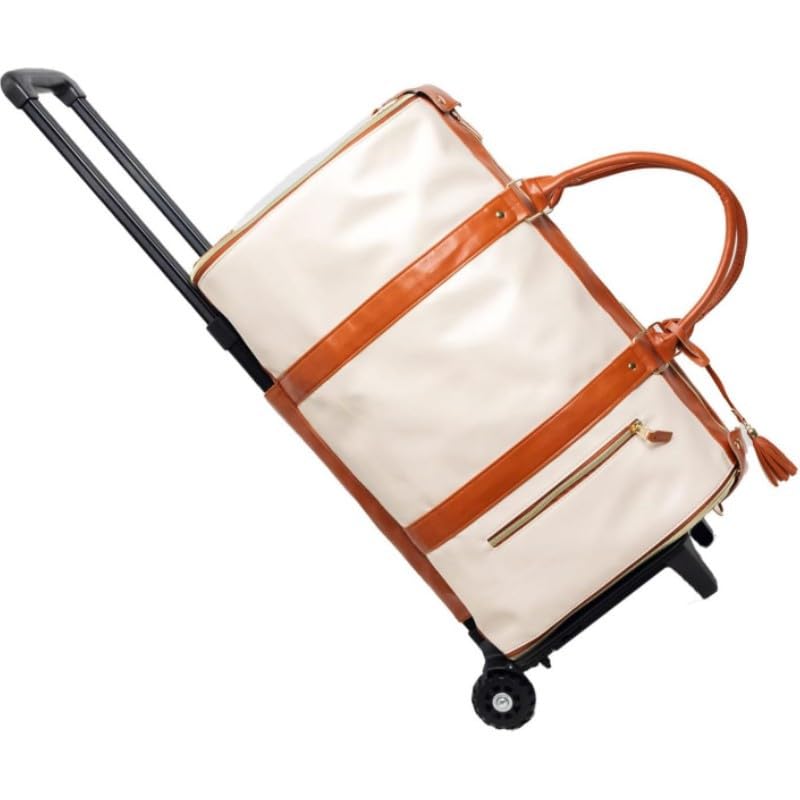 Trendfetchus Foldable Travel Bag Carry on 2.0, Trendfetchus 2 in 1 Convertible Large PU Leather Waterproof Duffle Bag (WHIITE WITH WHEELS)