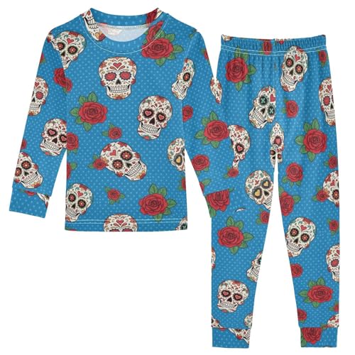 Pajama Sets Long Sleeve Sugar Skulls Roses on Blue Soft Comfy Sleepwear 2 Piece PJS 3-8T