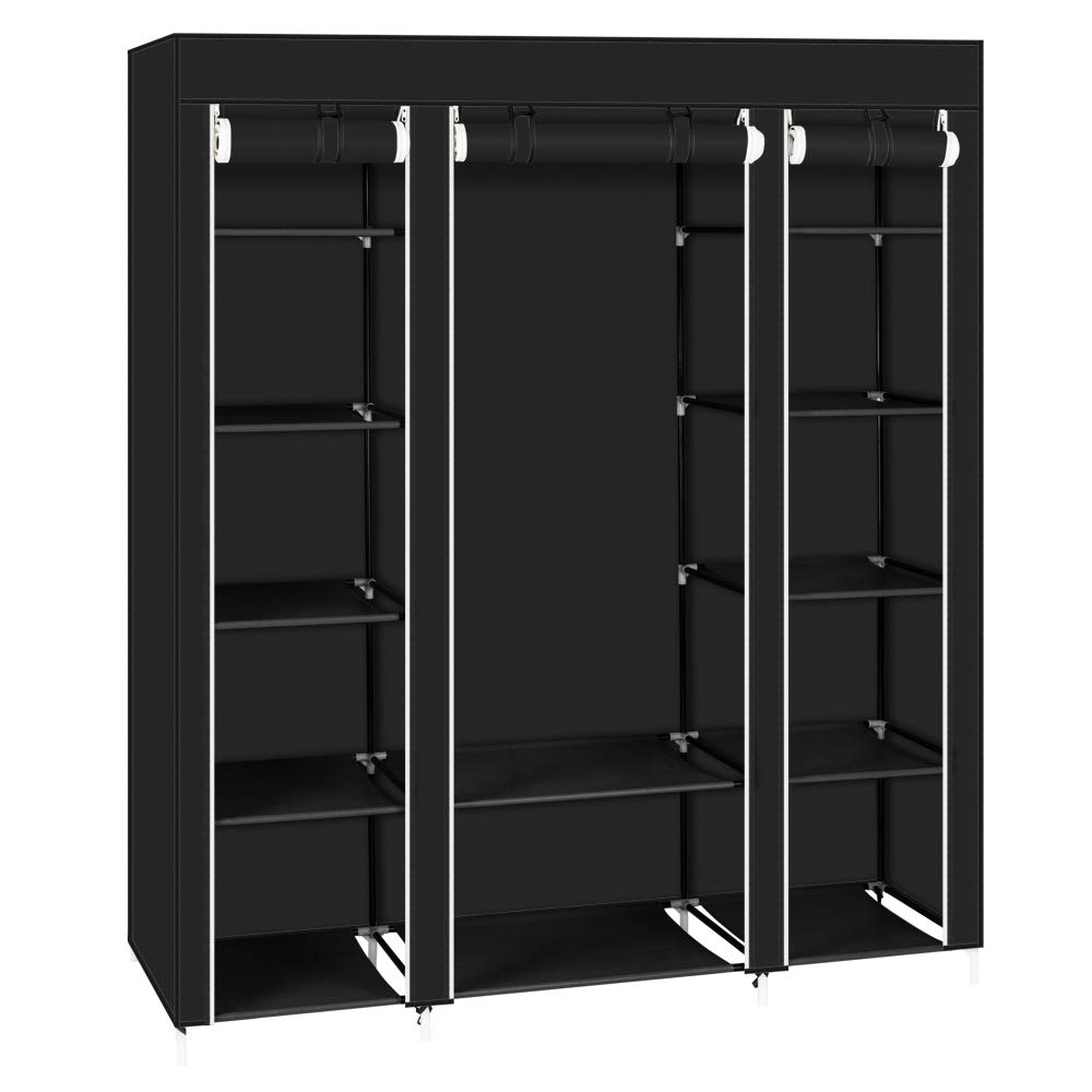 Bonnlo Canvas Wardrobe, 175 x 150 x 45 cm Fabric Wardrobe Organiser, Foldable Coat Rack with 1 Clothes Rail, 12 Storage Shelves for Bedroom, Dressing Room (Black, 175 x 150 x 45 cm)