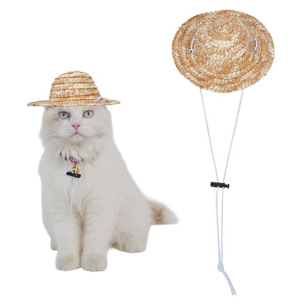 GORGECRAFT Chapeau de paille réglable pour l'été, la plage, l'extérieur, le jardin, nouveauté pour chien, chiot, petit chaton, chat, chapeau de soleil tricoté avec sangle élastique pour le menton pour
