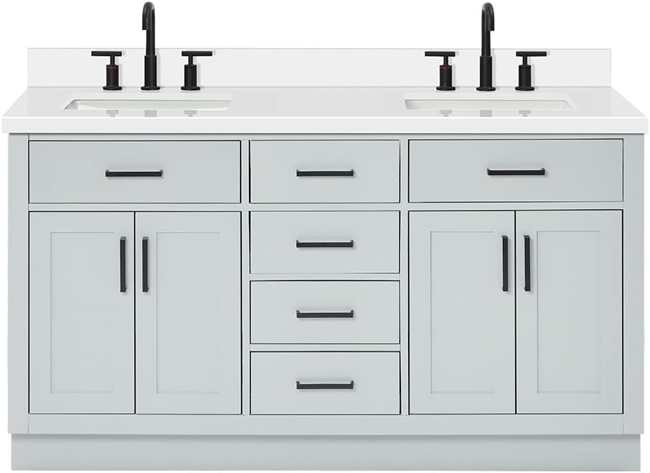 ARIEL Double Bathroom vanity 61" Grey 1.5" Edge Pure White Quartz Countertop & Splash, Rectangular Sinks, 4 Soft Closing Doors, 6 Full Extension Dovetail Drawers, Toe Kick, Matte Black