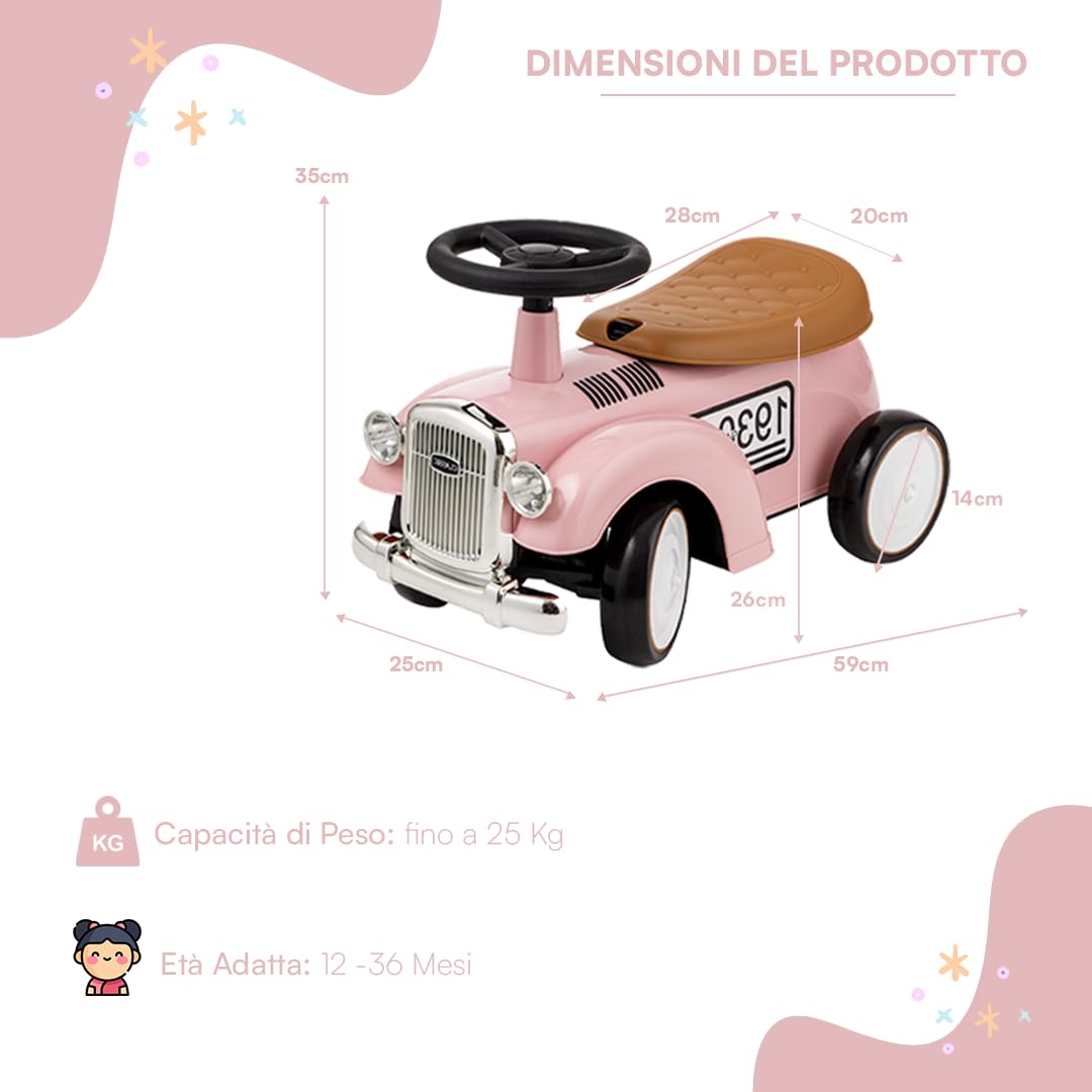 Baroni Toys Macchina Ride-On Vintage per Bambini dai 12 ai 36 Mesi, Baby Car con Clacson ad Aria, Vano Portaoggetti, Manubrio Sterzante e Ruote Stabili per Imparare a Camminare, 25x59x35 cm, Rosa