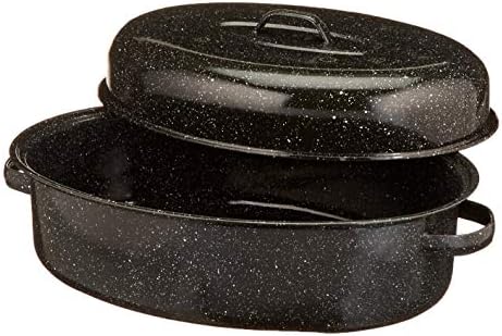 Granite Ware18" Oval Roaster with Cover, Large Non-Stick Porcelain Enamel Roasting Pan, Even Heating, Dishwasher Safe, Durable Carbon Steel, Made in Mexico