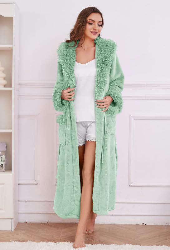 LYCY Womens Hooded Plush Long Robe, Soft Warm Fleece Bathrobe for Women Fluffy Cute Spa Robe2