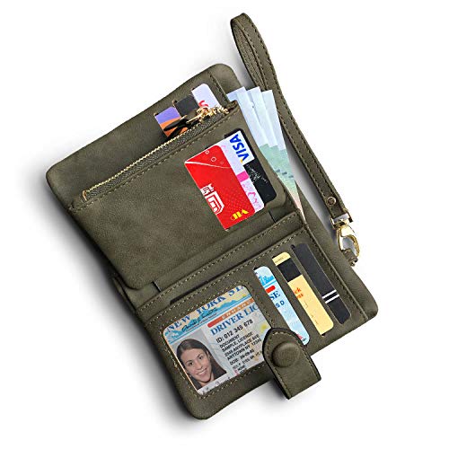 Image of Ladies Wallet RFID Blocking Women Leather Wristlet, Army Green, Size Medium
