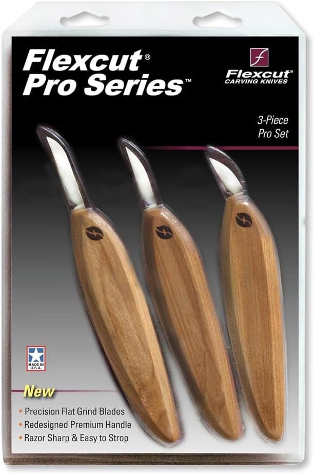 FLEXCUT Pro Series Wood Carving Tools, 3-Pack Kit with 1" Chip, 1-3/8" Detail, 1-5/8" Carving, Ergonomic Knife Handles (FP200)