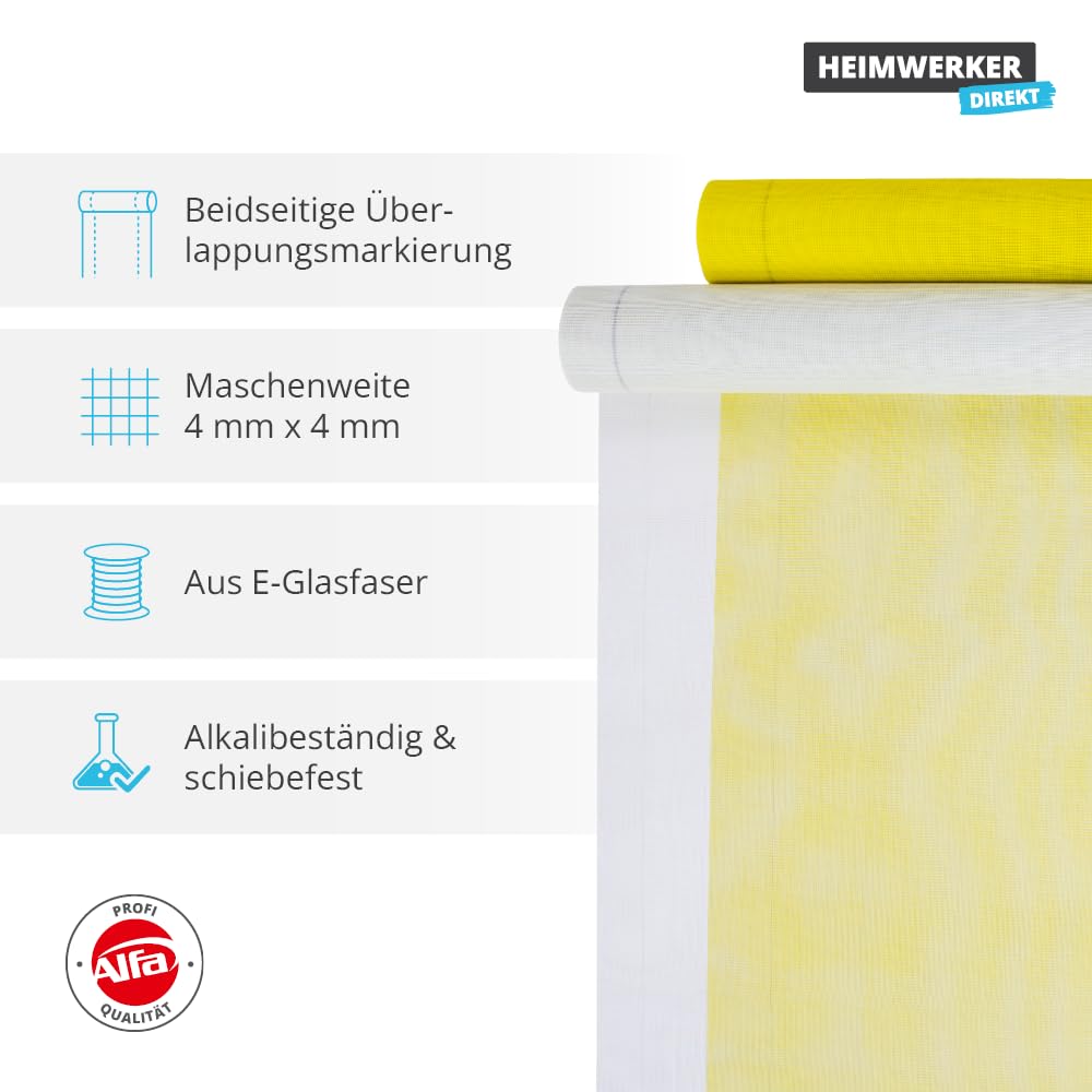 1x Alfa WDVS Gewebe gelb 1000 mm x 50 m Armierungsgewebe aus E-Glasfaser 165 g/m² Putzgewebe 4 x 4 mm Maschenweite alkalibeständiges und schiebefestes Glasfasergewebe