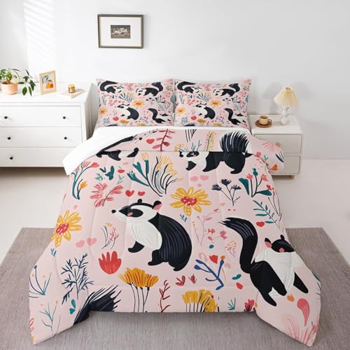 Erosebridal Cartoon Skunks Full Comforter Set for Kids Boys,Cute Skunk Animals Girls Bedding, Rustic Botanical Garden Flowers Bedding Comforter Sets, Colorful Blooms Florals Plants Quilt, 3Pcs