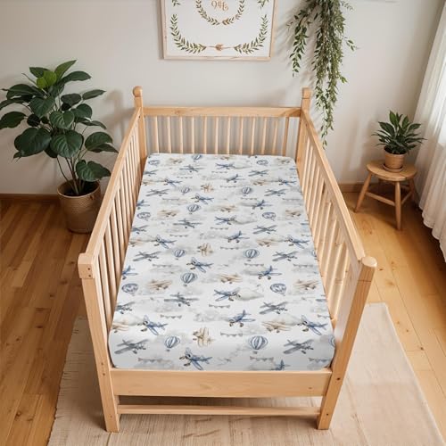 Image of Vintage Planes Airplanes Helicopters Baby Crib Sheets Boy Girl 28 inchx52 inch Hot Air Balloon Plane Clouds Sky Soft Stretchy Fitted Crib Mattress Cover Baby Sheet for Standard Crib & Toddler Mattress Pad