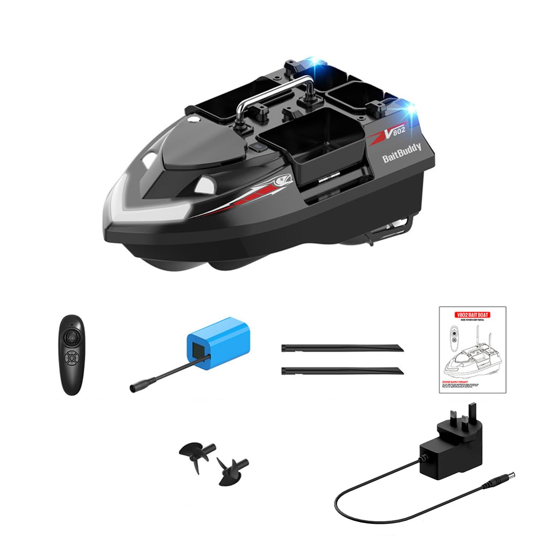 TechSpieler V802 RC Bait Boat, Dual Antenna 4 Compartments 3KG Large Capacity Fishing Boat (Black)