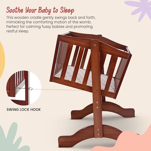 Image of Baybee Bumble Wooden Cradle for Baby | Baby Swing Cradle with Swing Lock Function, Infants Bassinet for New Born Babies with Fabric Wrapped Base | Wooden Kids Bed Crib for Babies Boy Girl (Deep Brown)