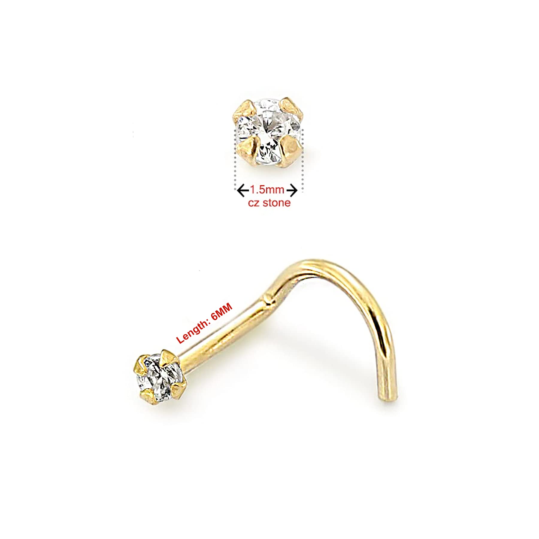 9K giallo oro Prong Set pietra CZ rotonda 20 Gauge naso vite narice Piercing