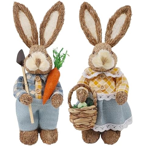 DR.DUDU Set of 2 Easter Decorations 13" Bunny Figurines Tabletop Spring Decor, Rustic Straw Bunny Couple with Carrot, Sisal Rabbit Statues Ornaments for Table Home Office Kitchen Farmhouse Cover