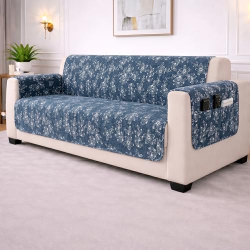 Image of STITCHNEST 'Opulence Series' Floral Woven Sofa Cover for 1 Seater | Premium Soft Fabric Sofa Protector | Blue Floral Pattern with Armrest Pockets | Durable Living Room Furniture Cover