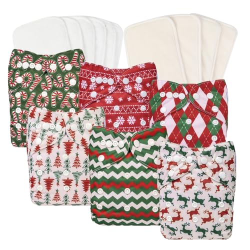 Image of Babygoal Christmas Cloth Diapers 6 Pack with 10pcs Inserts, Reusable Adjustable Washable Baby Pocket Nappy Covers 6FN32