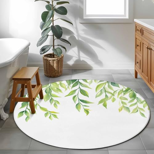 Round Area Rug 4ft, Watercolor Green Leaf Non Slip Low