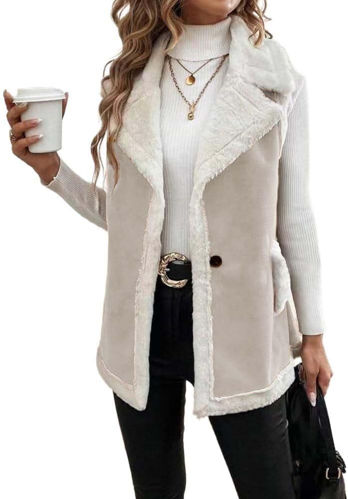 Mywinway Sherpa Vest Womens Fall Winter Faux Fur Suede Leather Vest Jacket Sleeveless Lambswool Fur Warm Coat