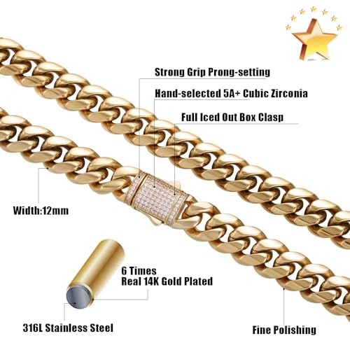 CG&KYGG 12mm Miami Cuban Link Bracelet 14K Real Gold Plated Stainless Steel Solid Bracelet for Mens Womens (Double-sided Iced Out Clasp)2