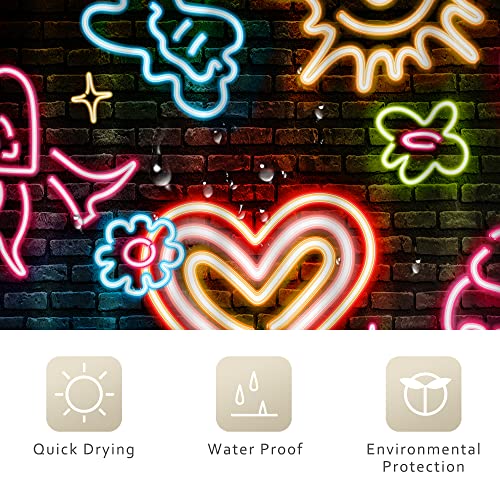 Riyidecor 60S 70S Neon Shower Curtain 60Wx72H Inch Glow Rainbow Flower Heart Y2K Graffiti Brick Wall Modern Unique Gorgeous Artistic Bathroom Decor Fabric Polyester Waterproof 12 Pack Hooks #TOP4