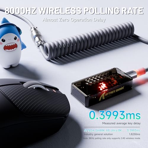 Image of ATTACK SHARK X8 Ultra Wireless Gaming Mouse, 42000 DPI PAW3950MAX Sensor, 8000Hz Optical Nordic 52840 Tri-Mode 2.4G /BT /Wired, 55g Lightweight Big Hand Ergonomic Mouse with Coiled Cable-Black&Tape