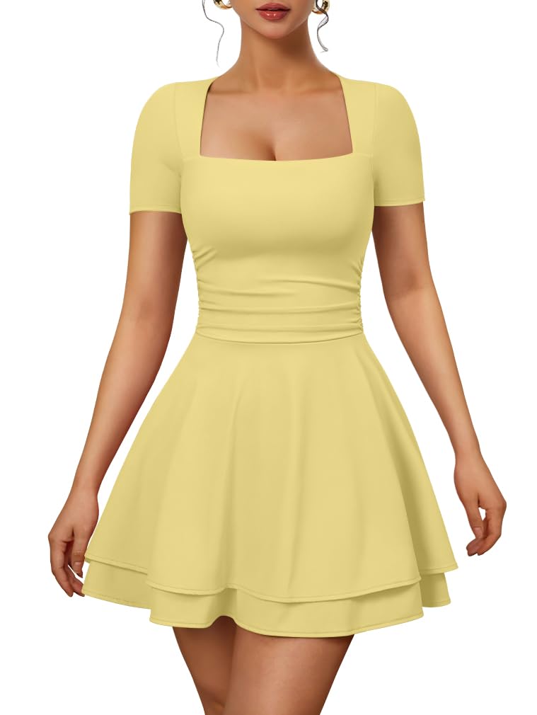 XXTAXN Womens Sexy Square Neck Short Sleeve Flowy Club Mini Dress | Ruched Tiered, Ruffle Hem,Party Cocktail Birthday,Graduation Homecoming,Wedding Guest.Vacation Valentines Halloween, Church