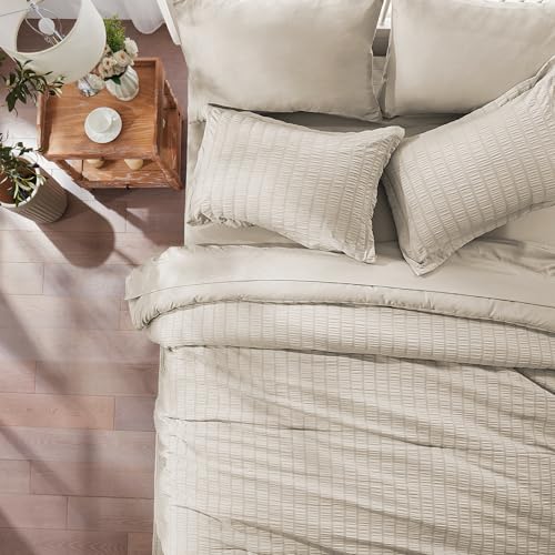 Image of Zzlpp Twin Comforter Set 5 Pieces, Beige Seersucker Bed in a Bag with Comforter and Sheets, All Season Bedding Sets with 1 Comforter, 1 Pillow Sham, 1 Pillowcase, 1 Flat Sheet, 1 Fitted Sheet