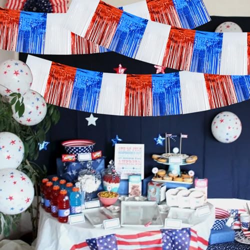 Image of BEISHIDA 3 Packs Metallic Foil Fringe Garland Red White Blue Wall Hanging Tinsel Fringe Banners for Floats Birthday 4th of July Memorial Day Patriotic New Year Party Decoration(30 Feet)