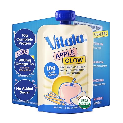 Vitala Organic Protein Smoothie Pouches for Kids & Adults, 10g Plant Protein, 135mg DHA Omega-3,...