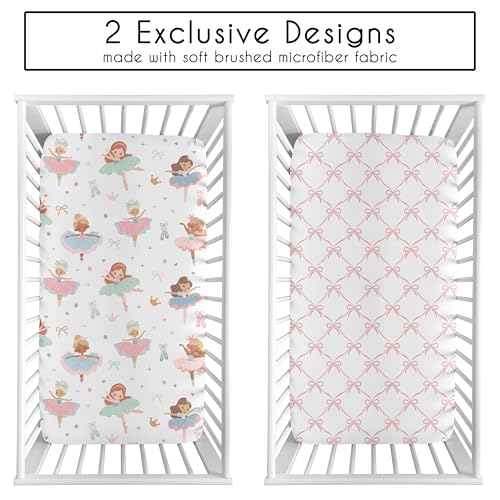 Image of Sweet Jojo Designs 2-Piece Baby Crib Sheets Set (Ballerina and Bows) for Girls, Infant Nursery, Toddler Room - Fitted, Standard Size (Pink Bow, Ballet Shoes, Dancer, Hearts, Stars, Princess, Tutu)
