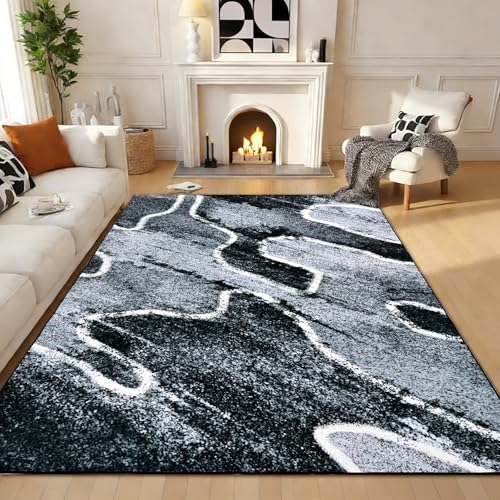 Alishomtll Rugs Living Room 160x230cm, Area Rugs for Bedroom, Anti-Slip Washable Soft Large Rug, Faux Wool Geometric Lines Modern Easy Clean Carpets Durable for Room Hotel Home Grey and Black