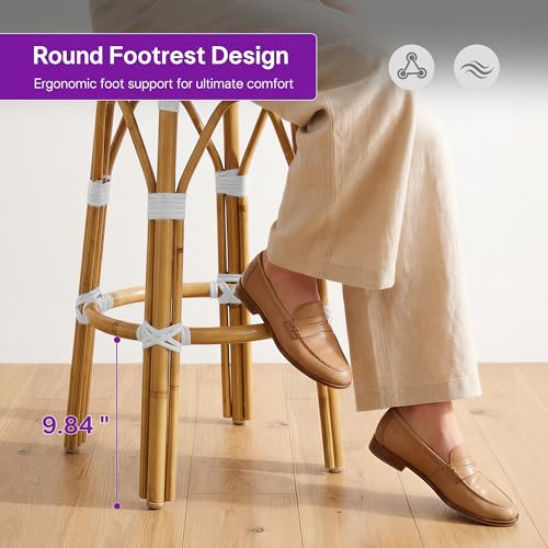 Image of PURPLE LEAF Patio Round Counter Height Stool Set of 2 Outdoor Backless Barstools Aluminum Frame in Bamboo Finish with White & Gray Woven Rattan for Indoor Kitchen Dining Bistros Cafe Restaurant