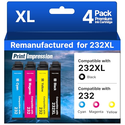 Remanufactured for Epson 232 Ink Cartridge Replacement for Epson 232XL Ink Cartridges Combo Pack for 232XL Ink Cartridges for Printer Workforce WF-2930 WF-2950 Expression XP-4200 XP-4205, 4 Pack