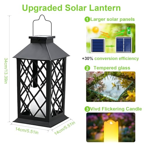 Image of 4 Pack 14 inch Large Tempered Glass Solar Lanterns Outdoor Waterproof | Black retro solar lantern with flickering flameless candles, ideal decoration for wall, porch, patio, table and garden.