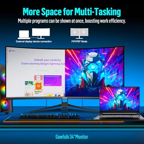 Image of Gawfolk 34 Inch Ultrawide Curved Gaming Monitor, 21:9 UWQHD 3440x1440 165Hz Curved 1500R Computer Monitor PIP /PBP,1ms(MPRT) 128% sRGB,HDMI & DP,Tilt Adjustable,Panoramic for Office & Immersive Gaming