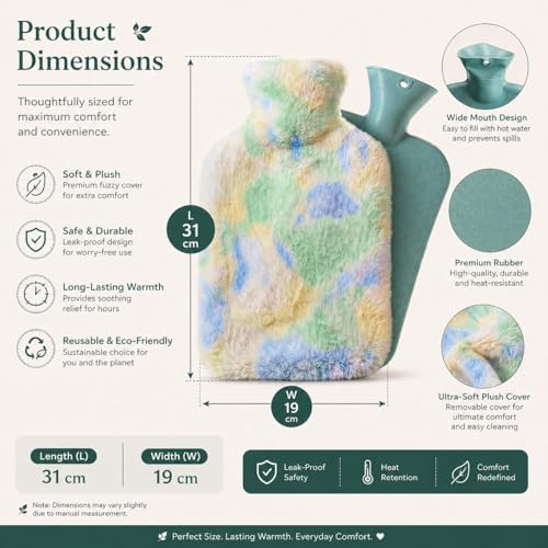 Image of Hot Water Bag with Soft Plush Cover 2000ml, Medical-Grade Silicone Hot & Cold Therapy Hot Water Bottle for Period Cramps, Back Pain, Muscle Aches & Body Relaxation & Comfort (Pastel Ombre)