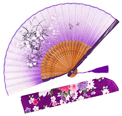 Amajiji Small Folding Hand Fan, 8.27"(21cm) Chinese Japanese Vintage Bamboo Silk Fans for Party Wedding Dancing Decoration Gift Performance (001)