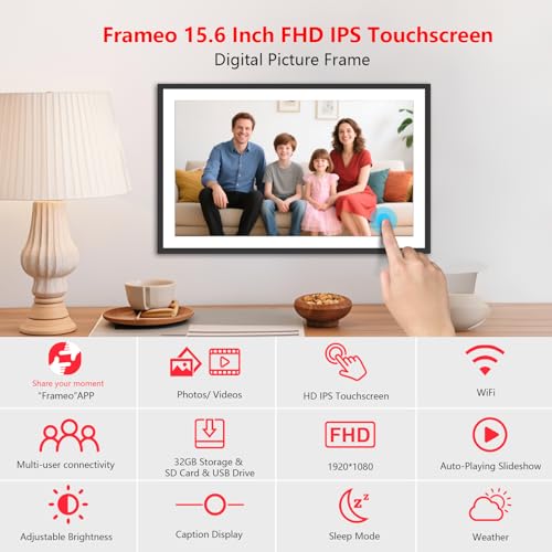 Image of AKImart 15.6 Inch Large Digital Photo Frame, Digital Picture Frame WiFi, IPS HD Touch Screen 32GB Storage Photo Frame with Auto-Rotate Instant Share Photo /Video Sharing via Frameo App, Gift for Mom