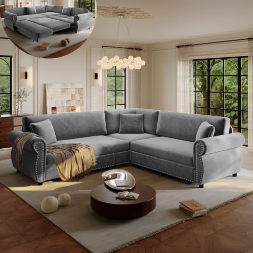 Image of KEIKI 88.2 inch Chesterfield Sleeper Sofa, Chenille Sectional Couch, Light Gray
