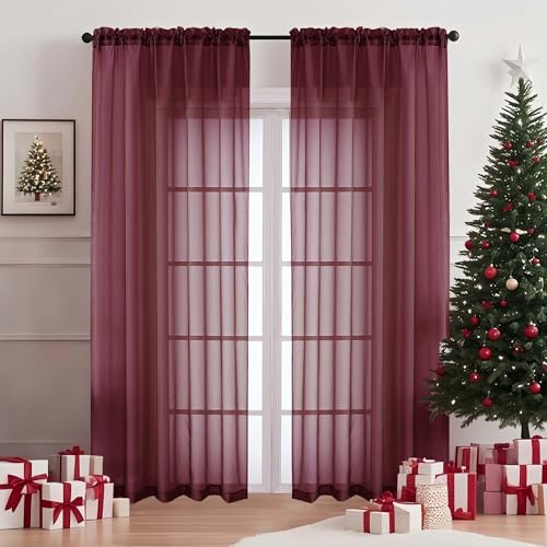 Image of OVZME Wine Sheer Curtains 84 Inches Long 2 Panels Set, Light Filtering Sheer Curtains for Living Room Bedroom 59 Inch Extra Wide, Modern Voile Filmy Rod Pocket Window Drapes, 59Wx84L Inches