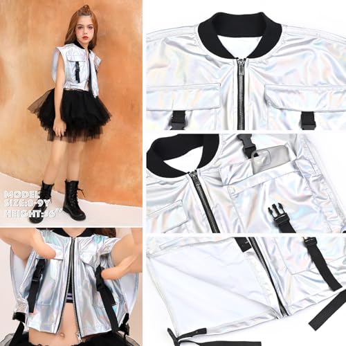 Image of Perfashion Girls Vest Cropped Cargo Metallic Jacket Buckle Zip Up With Pockets Streetwear Outfit 4-13Y